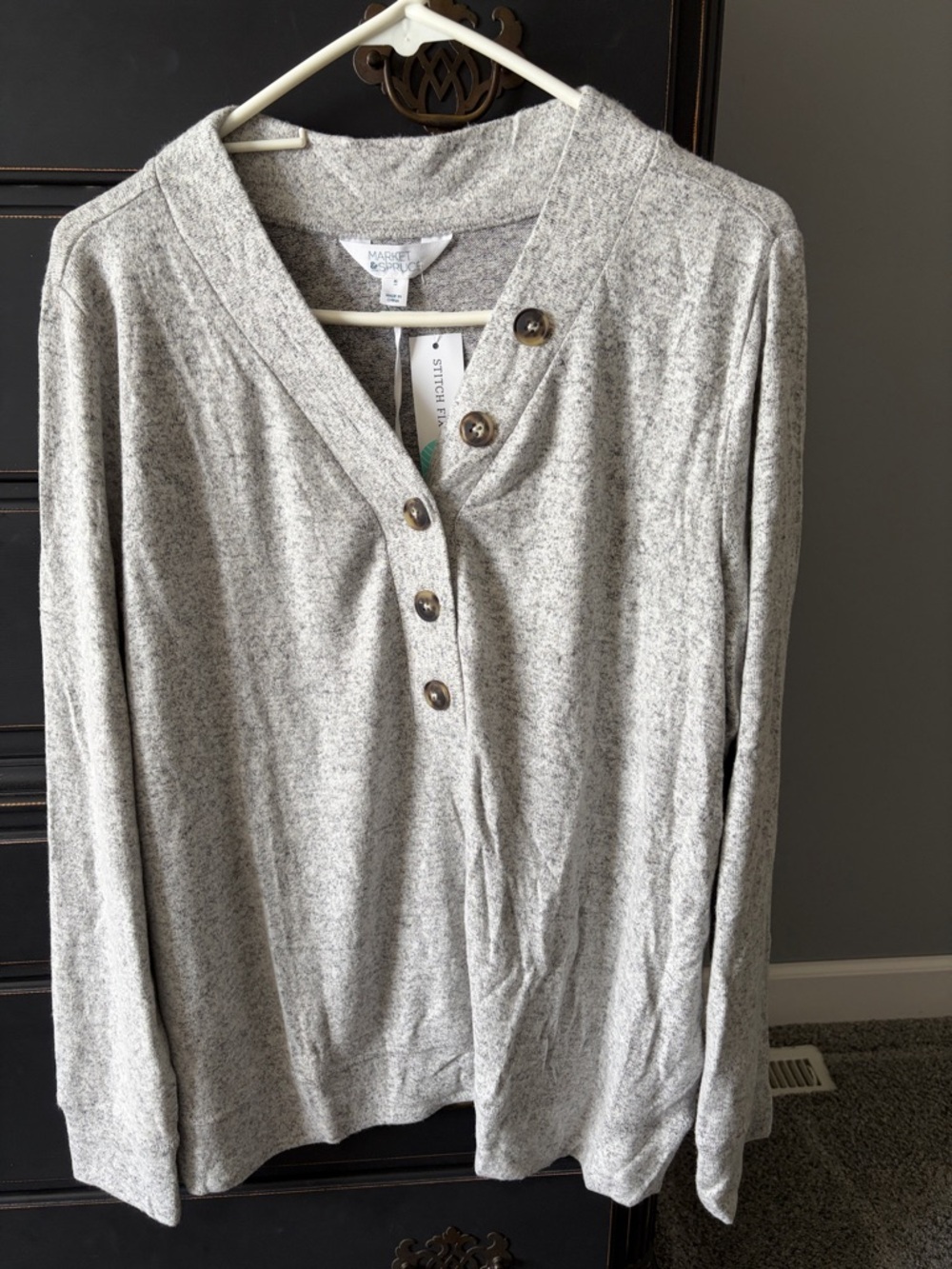 Market & Spruce Joey Henley Cozy Brushed Knit Heather Gray V-Neck Button XL